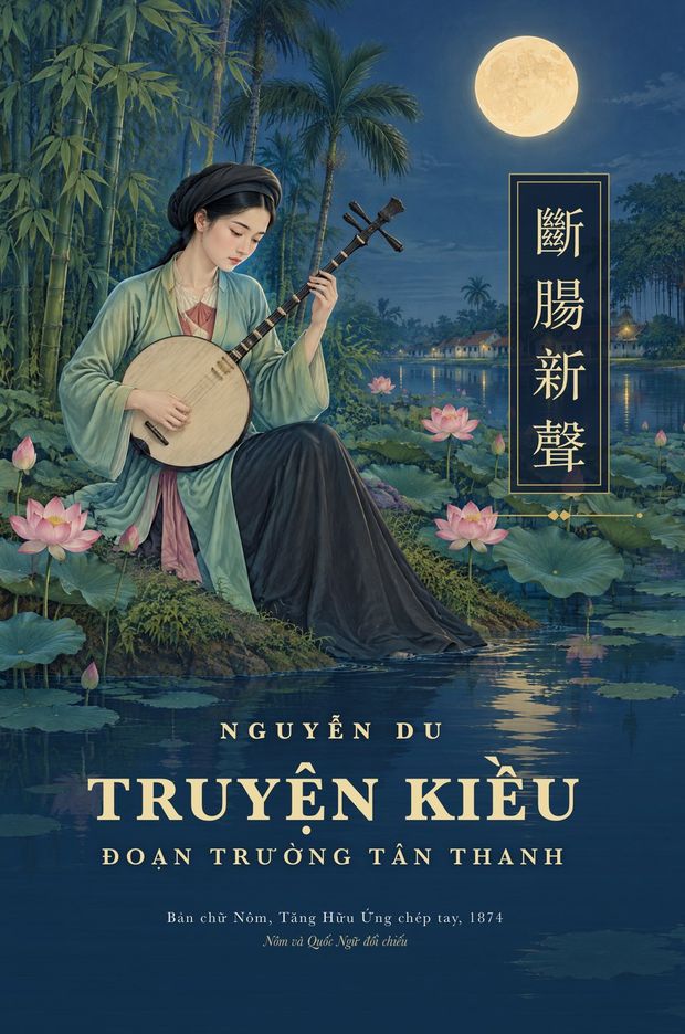 Bìa Truyện Kiều, thiếu nữ ôm đàn bên ao sen dưới trăng